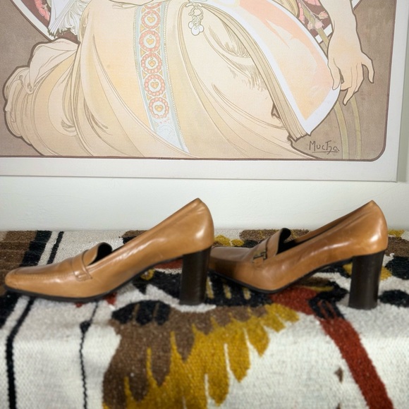 Made in Italy Via Spiga Studio Tan Leather Square Toe Block Heel Shoes 7.5 M - Picture 5 of 8